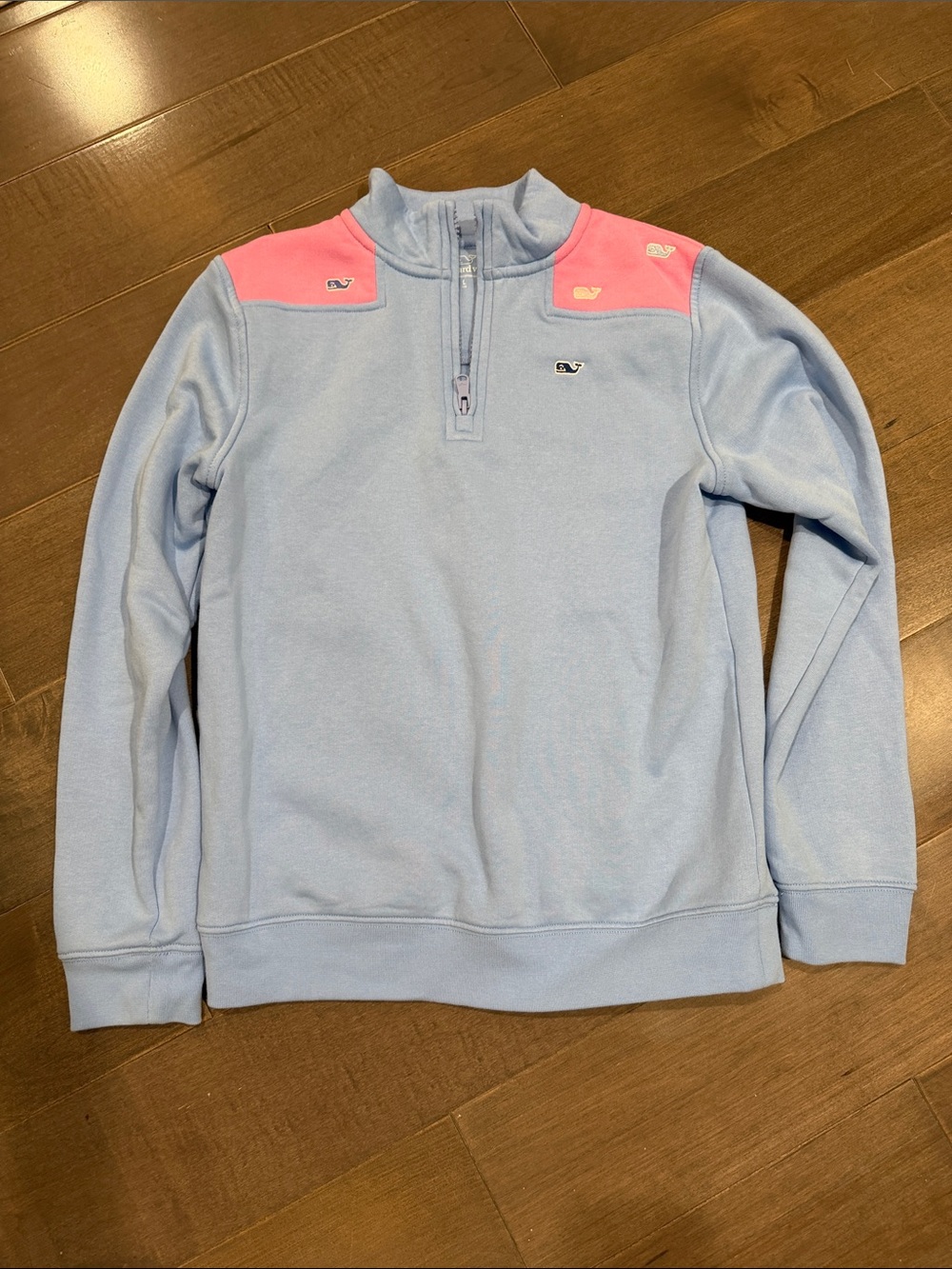 Girls Vineyard Vines Light Blue Half-Zip Pullover with Pink Shoulder Panels